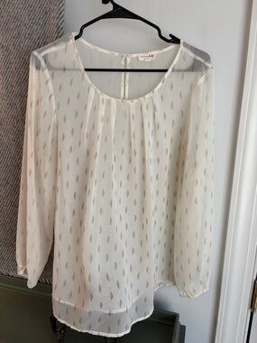 Maison Jules Cream Sheer Blouse with Gold Leaf Motif